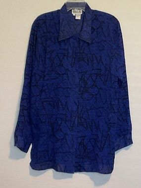 VINTAGE BOBBIE BEE BUTTON FRONT BLUE WITH BLACK DESIGN BLOUSE SIZE LARGE
